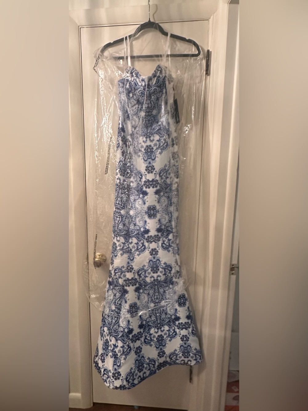 Terani Couture Blue and White Paisley Sequin Dress